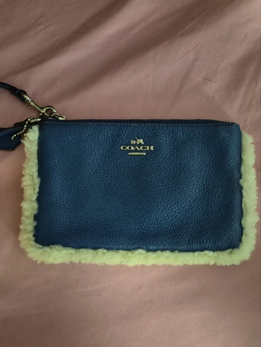 Coach Navy Leather Wristlet with Cream Shearling Trim